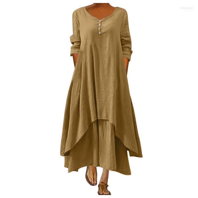 Robes décontractées femmes robe unie col rond manches longues irrégulière ample élégant femmes robe d'été robes Mujer # G3