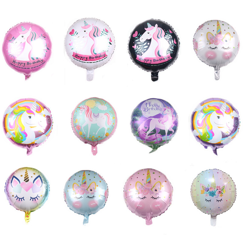 

18Inch Party Decor Unicorn Balloons Round Animal Design Happy Birthday Inflatable Globos Toy Wedding Baby Shower Decoration Aluminum Film Foil Ballons Supplies