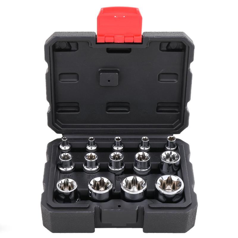 Ensembles d'outils à main professionnels 14 pièces 3/8" 1/2" 1/4 E-Torx Star Socket Set - E4 E5 E6 E7 E8 E10 E11 E12 E14 E16 E18 E20 E22 E24Profe