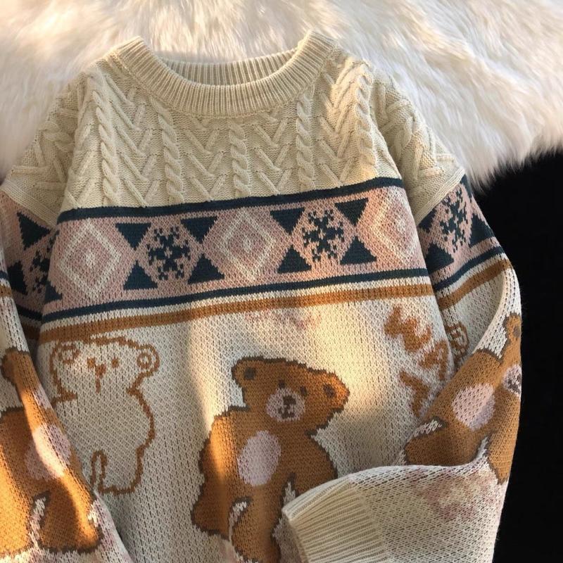 Women's Sweaters Retro Men Women Lazy Style Cute Cartoon Bear Lovers Korean Japanese Knitted Pullovers Brown Green White XXL XXXLWomen'