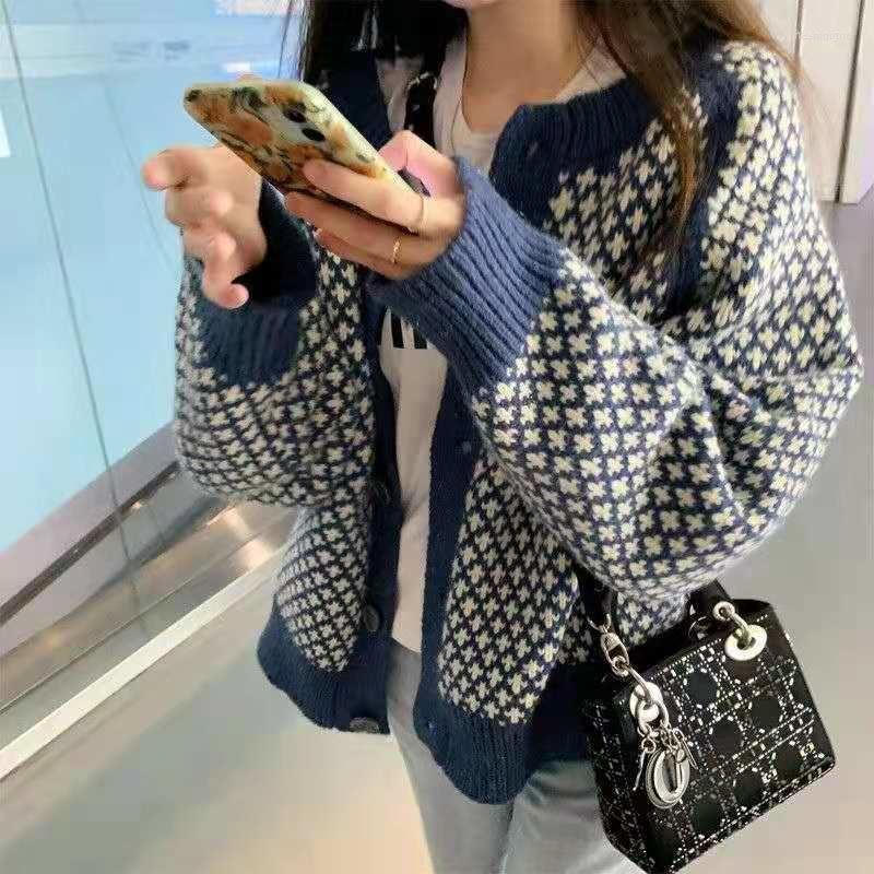

Women' Knits & Tees 2022 Women Sweater Retro Long Sleeve Single Korean Fashion Comfortable Breasted Plaid Loose Casual Knit Cardigan Coats, Blue