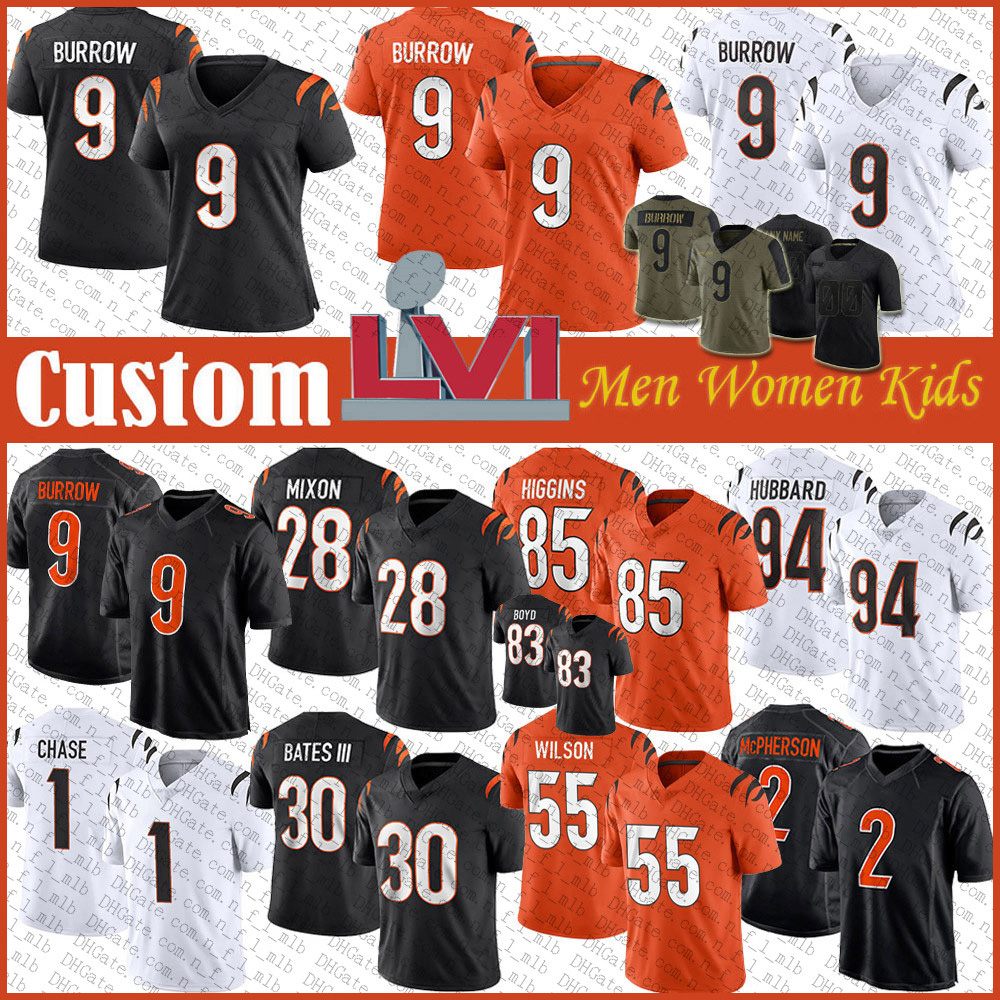 

9 Joe Burrow 28 Mixon Custom Football Jersey 1 JaMarr Chase Evan McPherson Tee Higgins Sam Hubbard Jessie Bates III Tyler Boyd Hayden Hurst Logan Wilson Chidobe Awuzie, Shown
