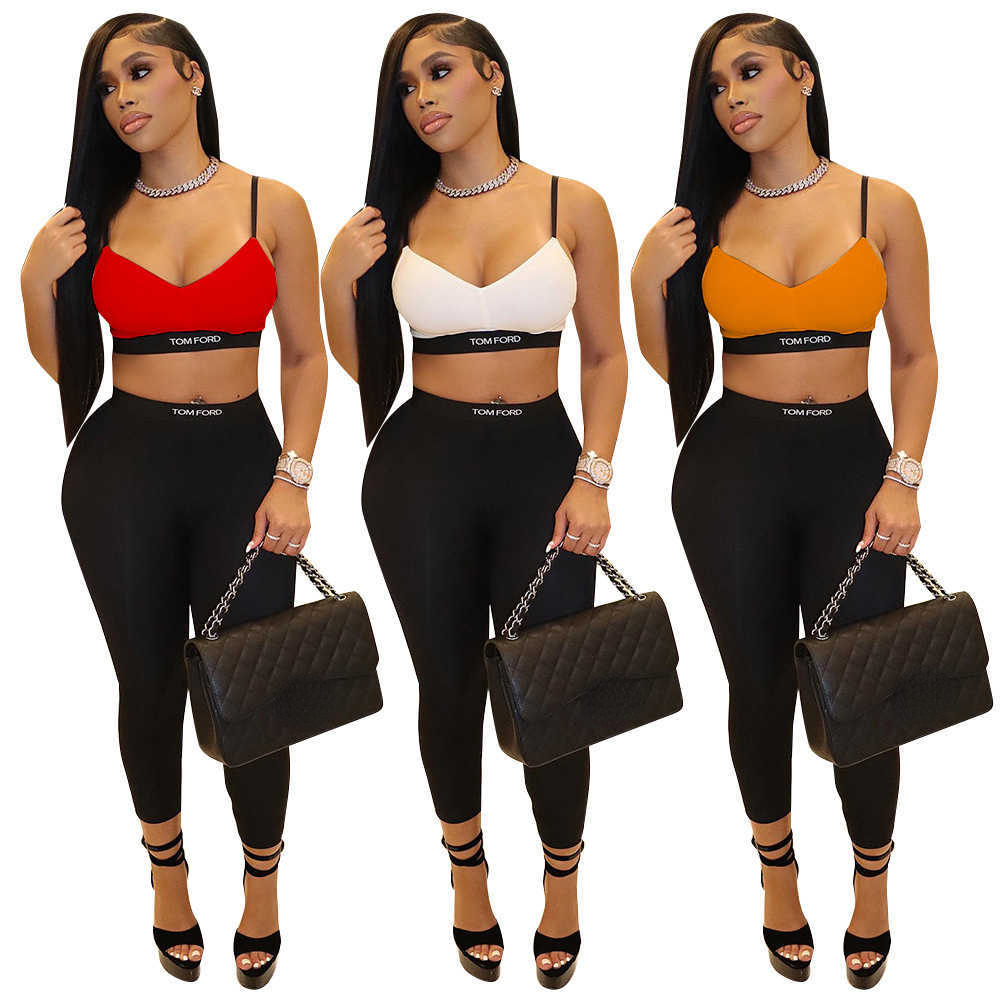 

Women Clothes Slim Fashion Letter Two Piece Pants Active Set Sleeveless Crop Top T-shirt And Leggings Sports Yoga Suits, Mix colors