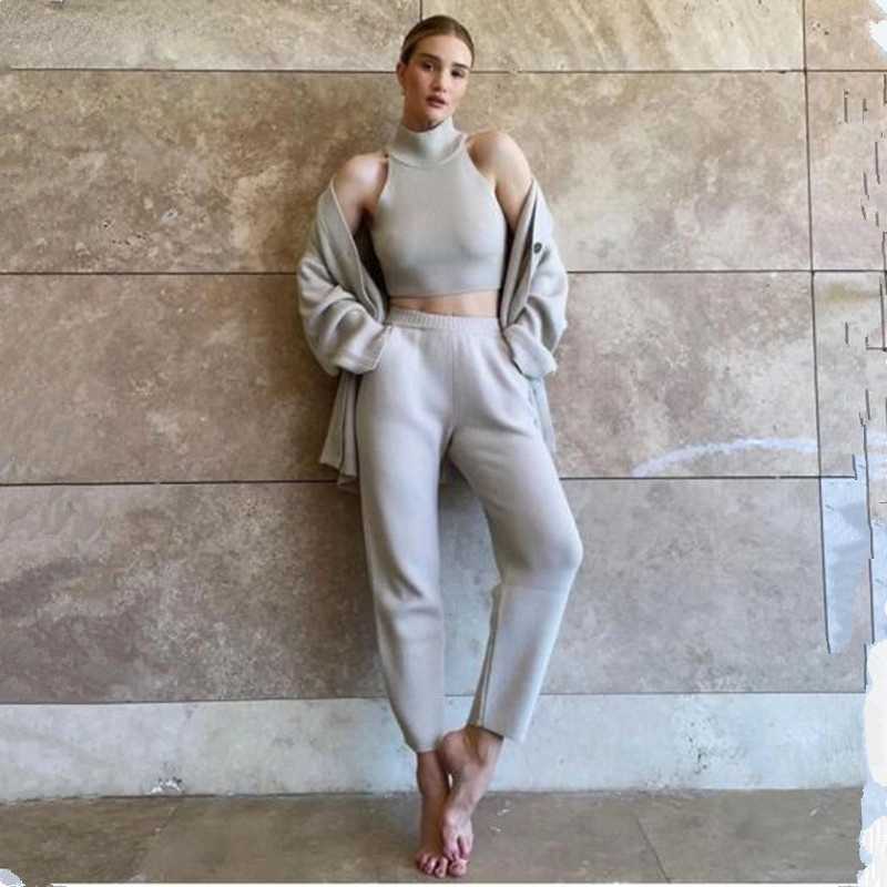 

Women's Two Piece Pants Autumn Winter Tracksuit Women Knitted Cashmere Blend Turtleneck Vest Oversize Cardigan Pocket Suits 3 PCS SetsWomen', Black
