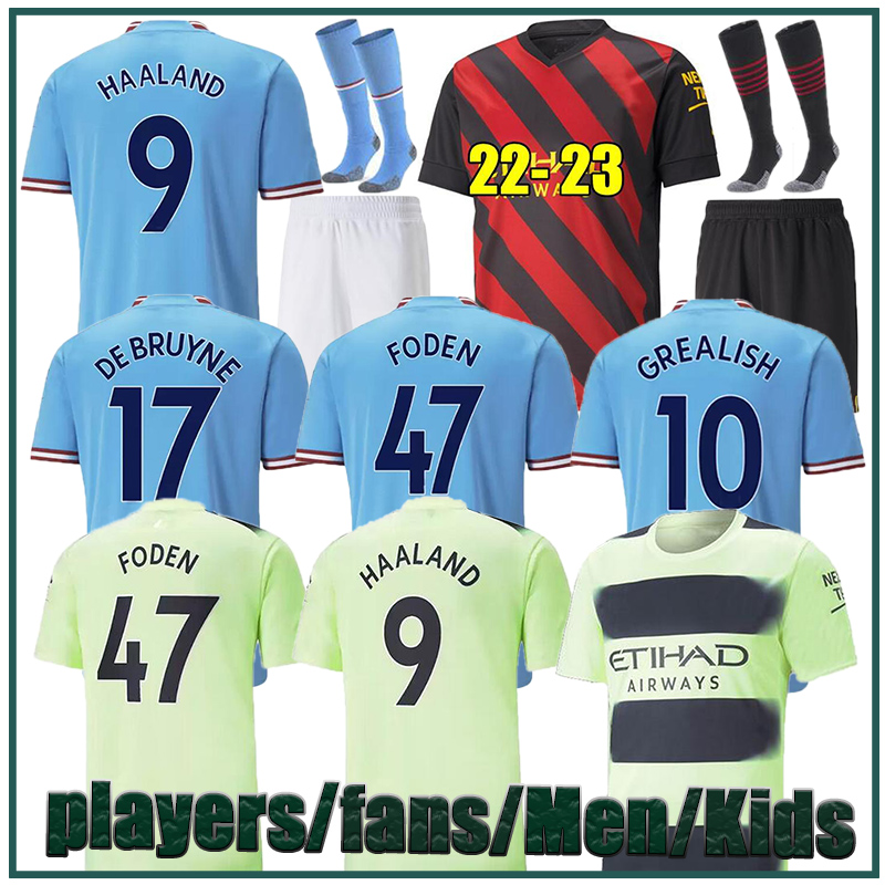 

22 23 HAALAND SOCCER JERSEYS GREALISH STERLING MANS CITIES MAHREZ fans player version DE BRUYNE FODEN 2022 2023 football tops shirt kids kit sets uniform Boys youth, 22/23 away players+patch