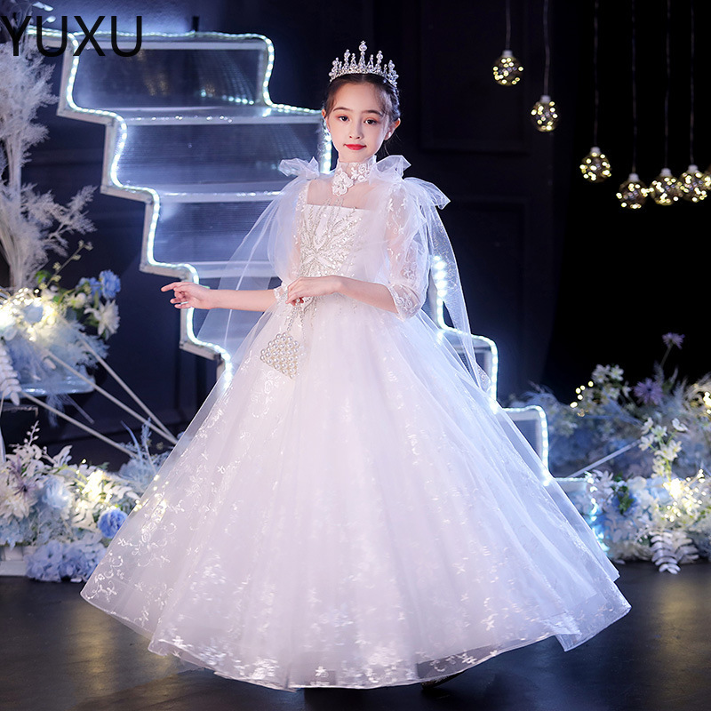 2023 New Year's Sequins Flower Girls Dresses for Wedding long white First holy Communion Dress Kids Prom Dress Girls Pageant Gowns-image-792429667
