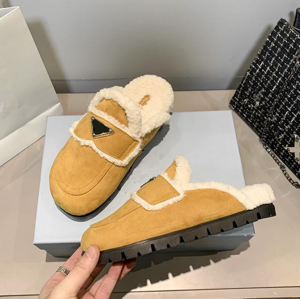 Designer wool slippers women's triangle standard outer wear autumn and winter Muller shoes new furry toe lazy plush warm ladies flat half sl
