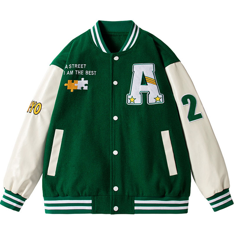 

Men's Jackets Hip Hop Men Varsity Jacket Puzzle Letter Embroidery Patchwork Retro Spring Woman PU Leather Bomber CoatMen's