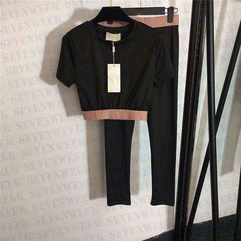 

Short Sleeve T Shirts Leggings Tracksuits For Women High Quality Womens Yoga Sports Suits With Letter Ribbon, Black