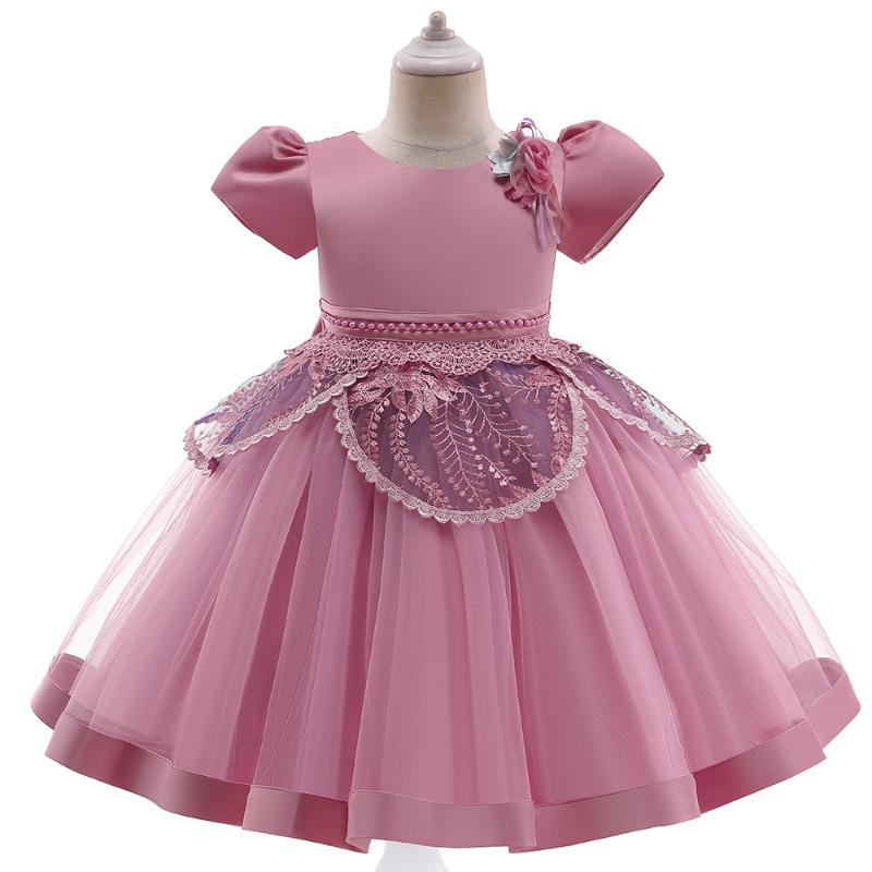 Robes de fille manches courtes Satin fleur princesse robe de soirée pour Brithday vêtements de mariage enfants noël enfants filles vêtementsfille