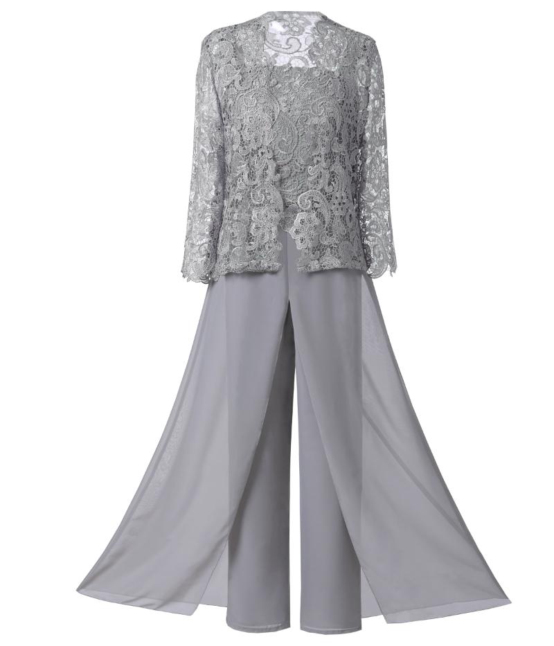 Pantalon de deux pièces pour femmes Costume élégant en dentelle pour femmes 3 pièces mère pantalon ensembles manches longues robe veste femme pou