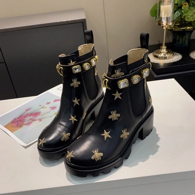 

Black Martin Ankle Boots Designer Womens Chunky Heels Luxury Big Rhinestone Buckle Belt Platform Winter Booties EU40, 1#