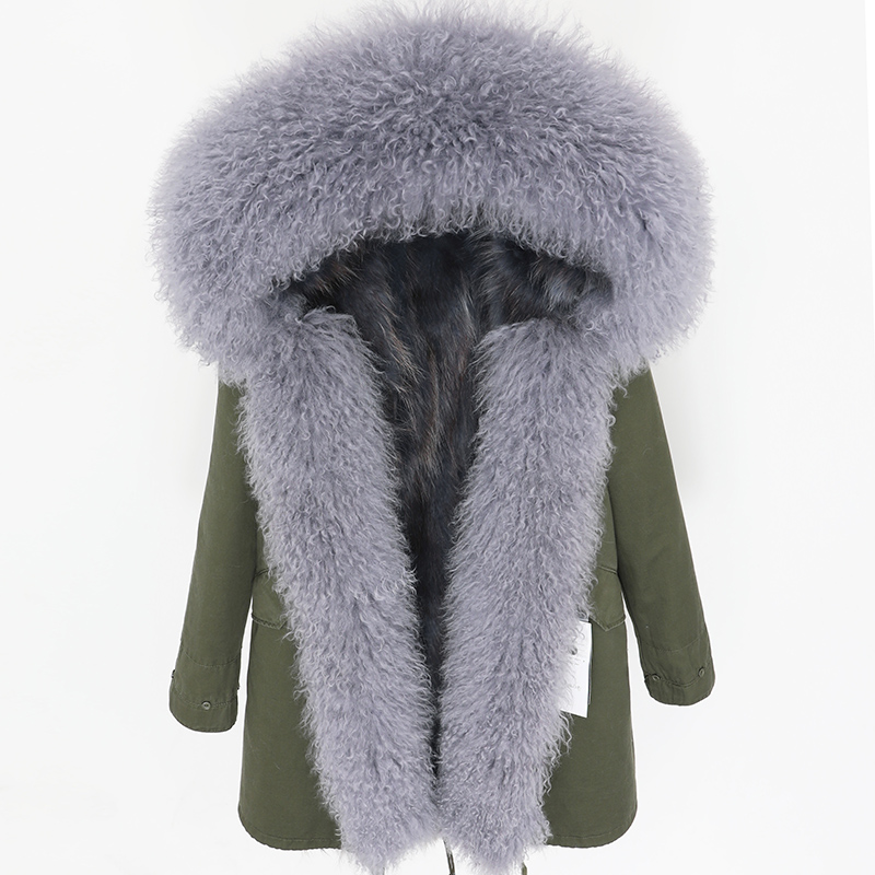 

Army Green Canvas Long Women Parka Dark Grey Raccoon Fur Lined Gray Mongolia Sheep Fur Trim Placket Ladies Snow Coats Furs Jackets, Choose the model