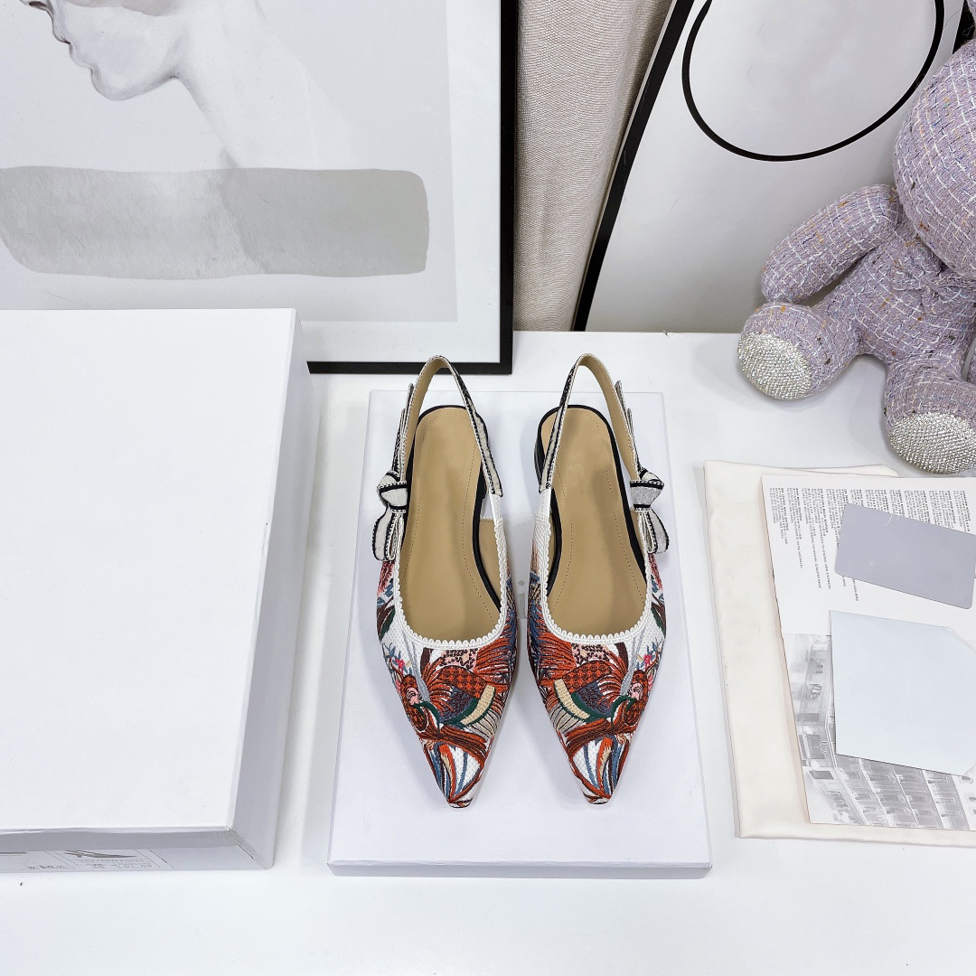 Ribbon back empty sandals spring and summer 2022 latest color jacquard embroidery low heel bow matching women's shoes Euro 34-42 US 3.5-11