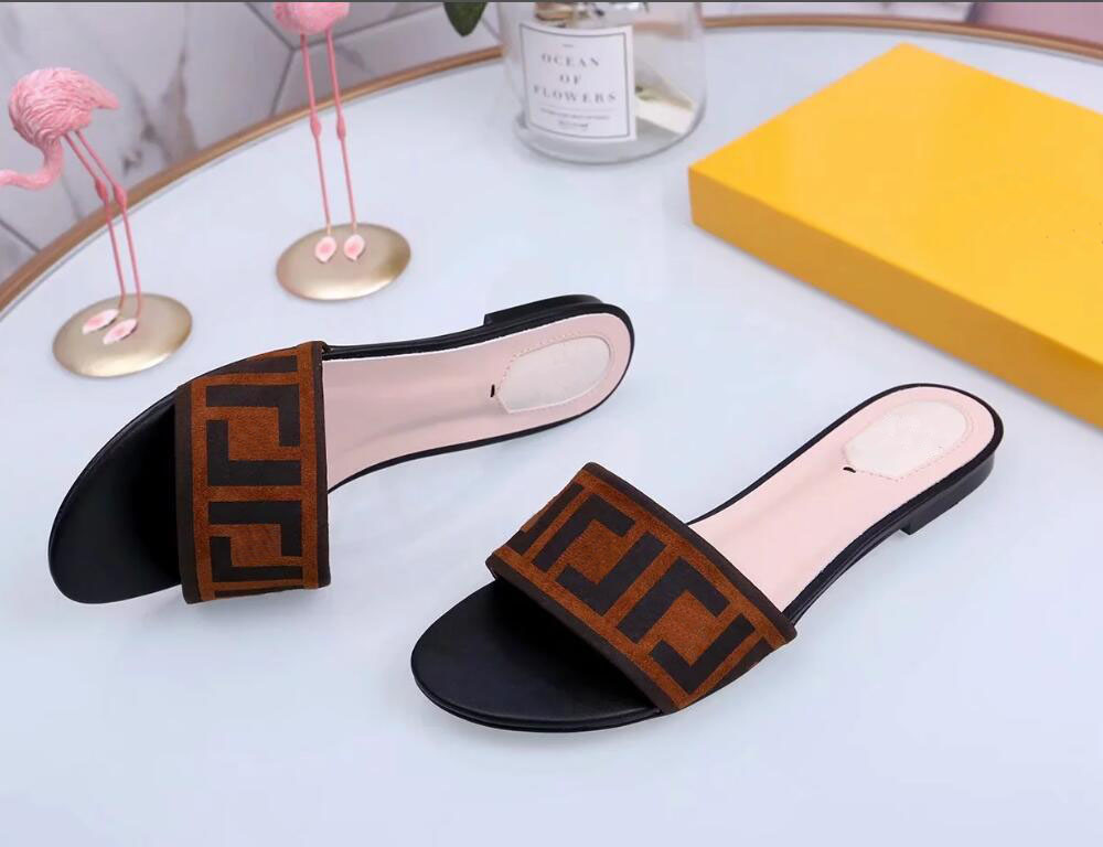 brand Beach slippers Classic Flat heel Summer Designer Fashion flops leather lady double F Slides women shoes Hotel Bath Ladies sexy Sandals with