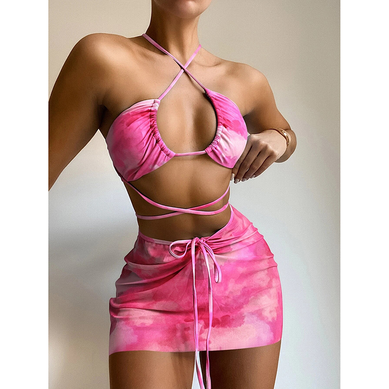 Women's Swimwear Riseado 3 Piece Sexy Bikini Tie Dye Swimsuit With Beach Skirt Crisscross Women-image-792669580