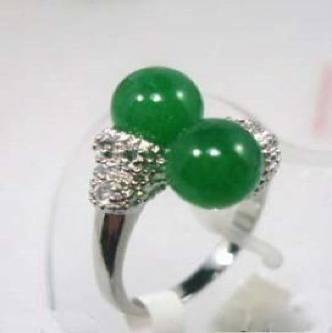 

whole Double Green Jade Beads Silver Crystal Ring Size 6789