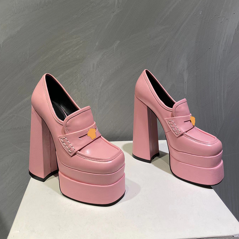 Qualité Medusa Aevitas Pompes à plate-forme en cuir de veau Chaussures Plate-forme épaisse rose blanc Talon Bout carré 155mm Femmes Luxury Design