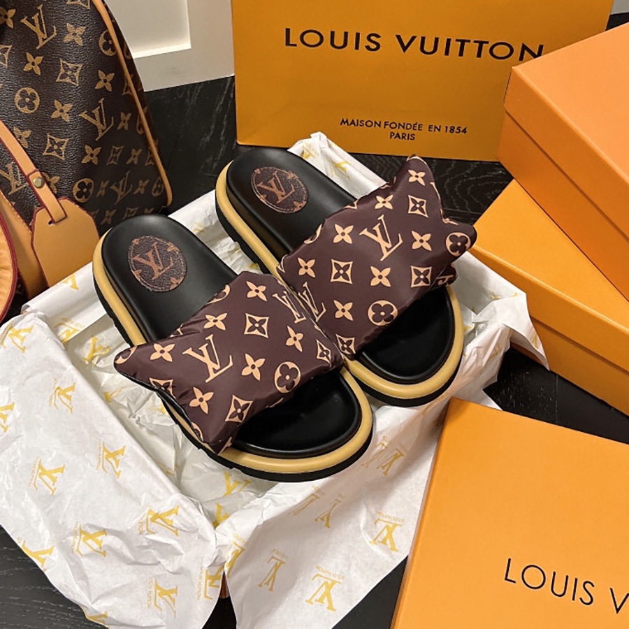 LV Slipper women slides Boots sandals slippers embroidered floral damask girls beach