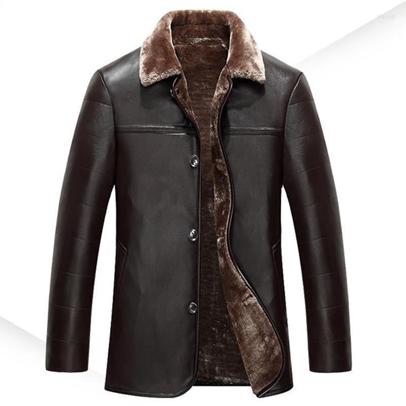 Russian Winter Mens Fur Lined Leather Coats Solid Color Man's Overcoats Brand Designer Clothing Velvet Outwear A1081