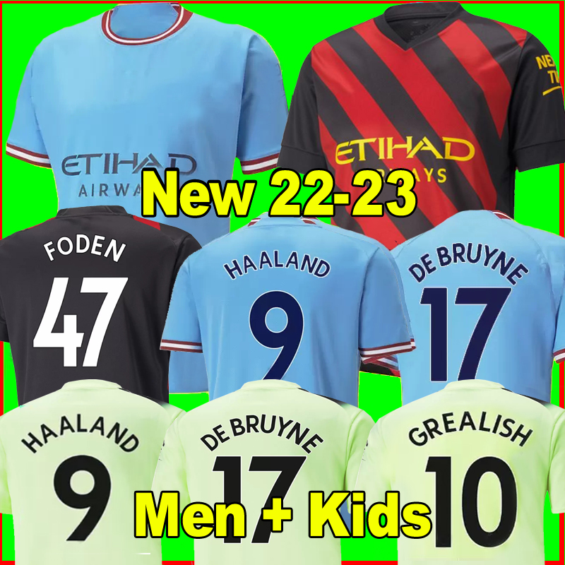 

HAALAND soccer jersey  23 DE BRUYNE PHILLIPS MANS CITIES GREALISH STERLING MAHREZ FODEN 2022 2023 football tops shirt uniforms men kids kit third Boys youth, 22-23 third+patch2