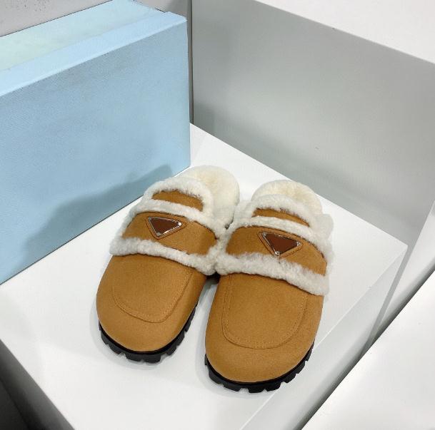 

Designer wool slippers women's triangle standard outer wear autumn and winter Muller shoes new furry toe lazy plush warm ladies flat half slippers 35-41, Brown