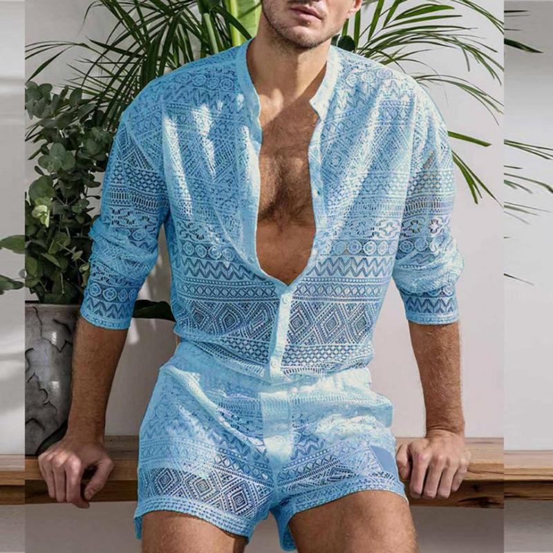 

Men's Tracksuits Arrivals 2022 Men Set Summer Sexy See Through Lace Outfits Beach Fashion Short Sleeved Tops And Shorts Mens Two Piece Suits, Black