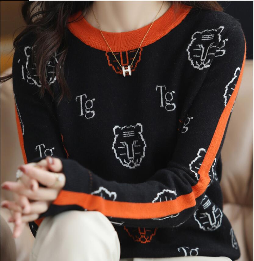

Women Sweaters tiger Printed Pullovers O-neck Knitted Jumpers Cute Lovely Thicken Students Streetwear Korean Style Slim Soft Top, Khaki
