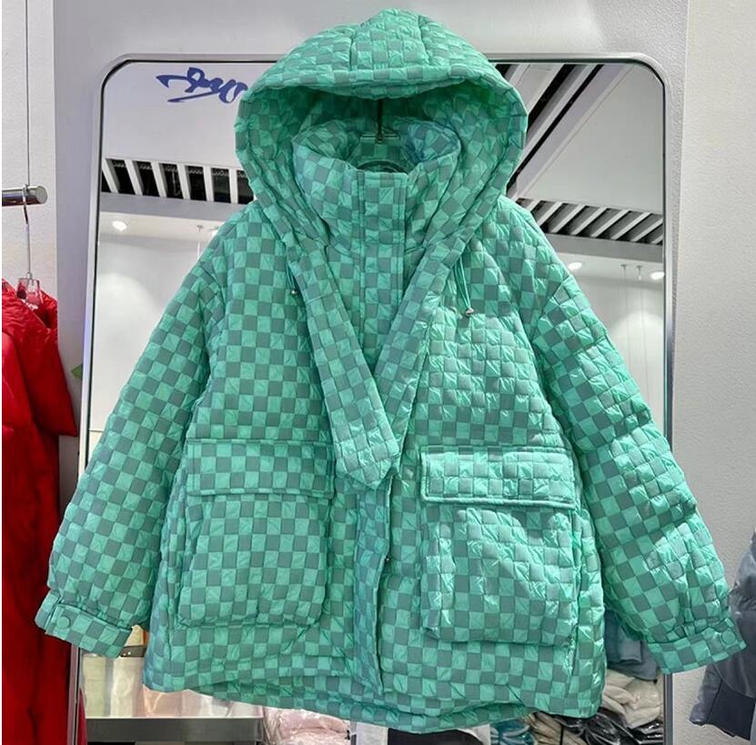 

Down Jacket Women 2022 Winter Coat Fashion Parkas Hooded Warm Plaid Checkerboard White Duck Down Outerwear Female Clothing, 04