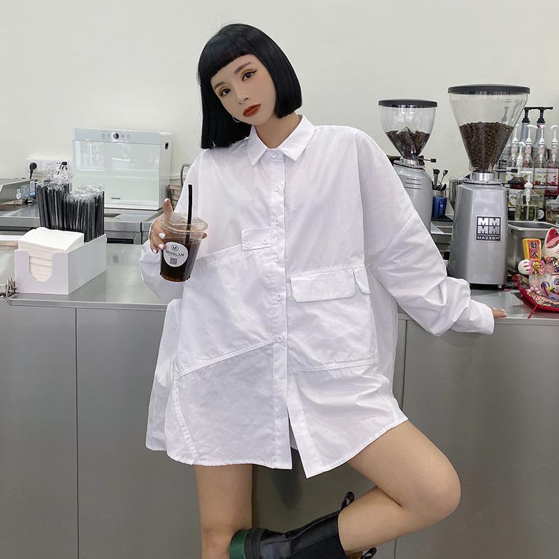 Blouses pour femmes chemises femmes chemise blanche 2022 automne mode Blouse revers décontracté solide à manches longues poche asymétrique haut B