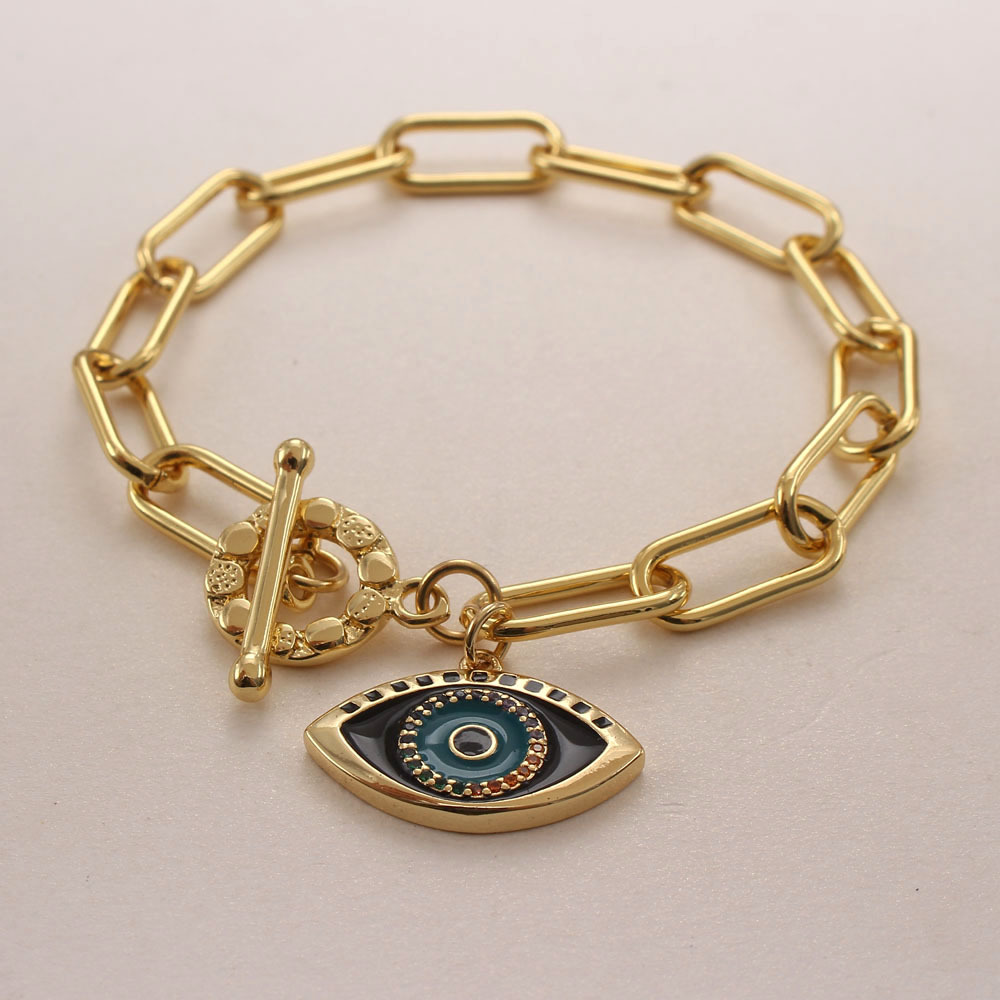S3138 Fashion Jewelry Copper Gold Plated Evil Blue Pendant Charm Bracelet Zircon Blue Eye Enamel Geometric Chain Bracelets