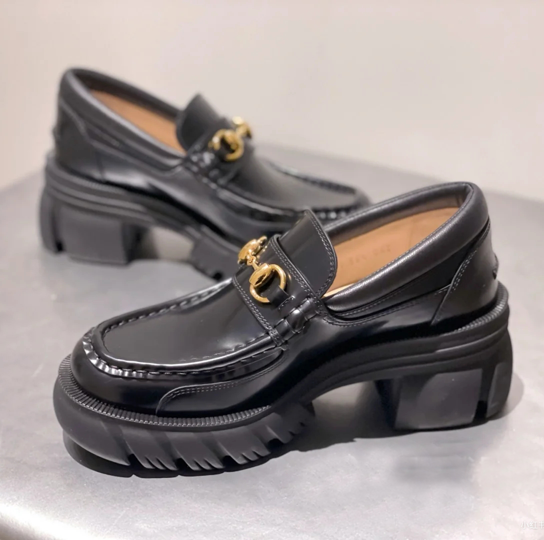Retro Gold Horsebit Loafers platform bee Embroidery dress shoes for party Calfskin Oxford leather walking casual shoes women thick sole