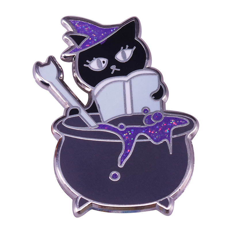 

Reading Cat glitter Enamel Pin magic potion cauldron literary wizardry cute accessory, As picture