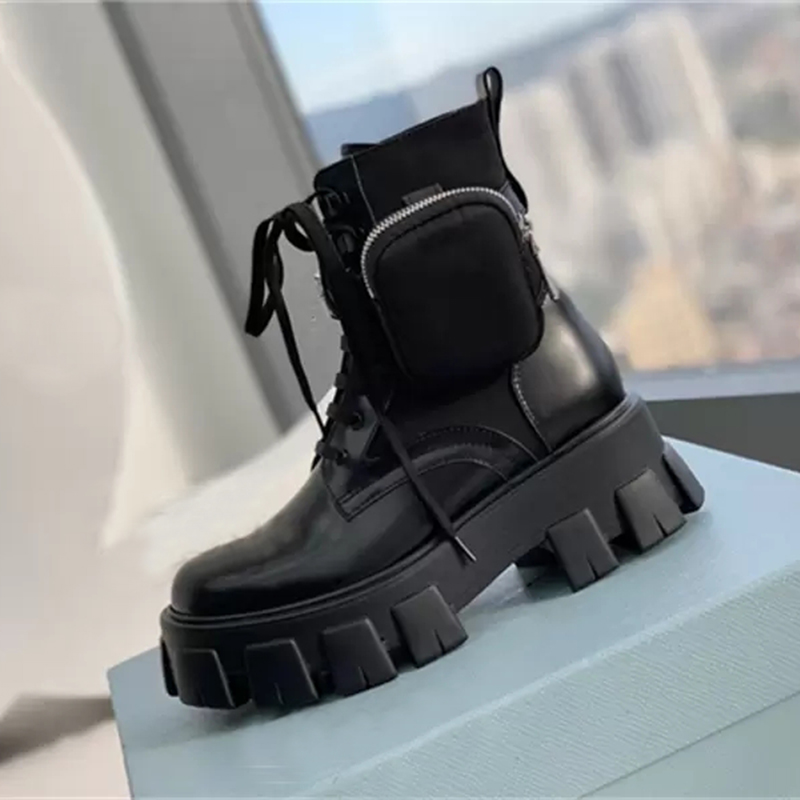 

Woman Brushed Rois Boots Cowskin Nylon Martin Boots with Removable Pouch bag Military Inspired Combat Triangle logo shoes Leather ankle booties
