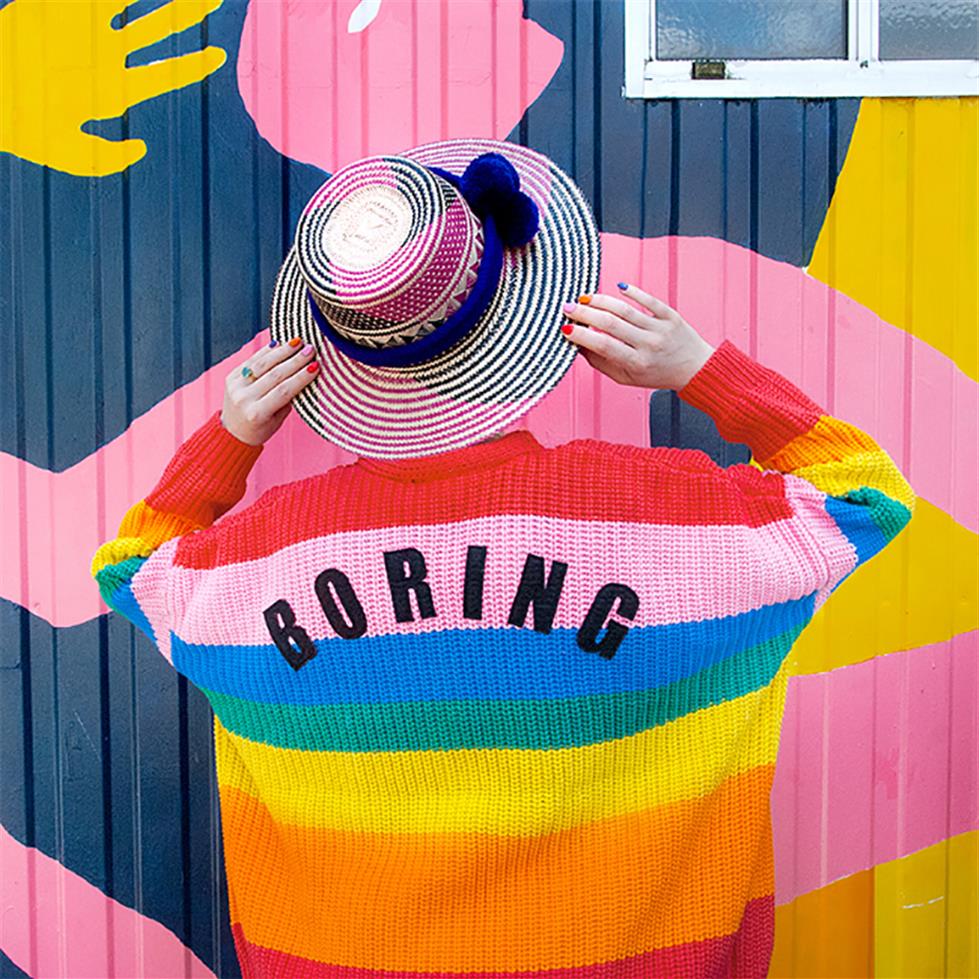 

Lazy Oaf Rainbow Cardigan 2018 Autumn and Winter Women Colorful Striped Oversized Sweater Embroidery Letter BORING Jacket Coat3258