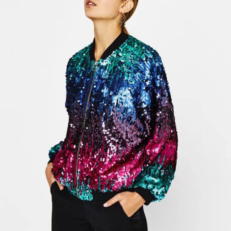

Women's Jackets Flectit Glittery Sequin Jacket Colored Stand Collar Zip Up Long Sleeve Bomber Women High Street Fashion Women'sWomen's, Blue