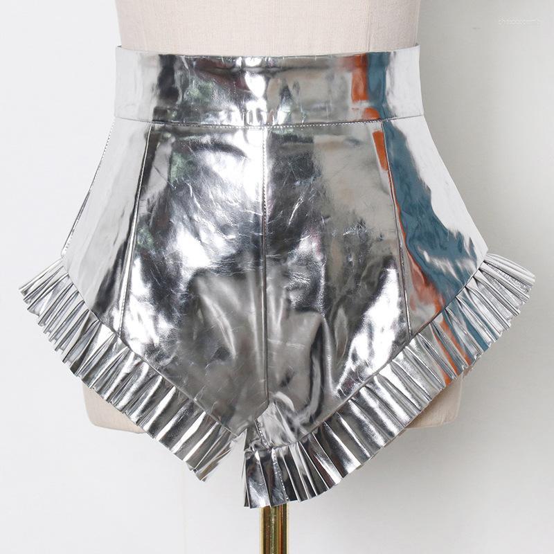 

Women' Shorts 2022 Summer PU Solid Irregular High Waist Zipper Pleated Buttocks Fashion Trend Silver Planet Style