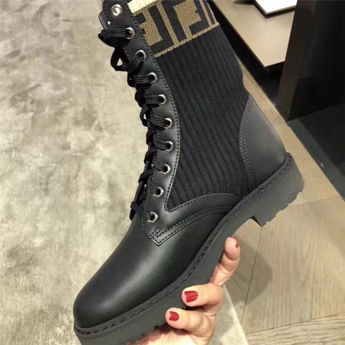 

Fashion luxury Black motorcycle boots knitting print logo cloth leather Martin boots elastic cloth sleeve women shoes Size 35-42, Color 2