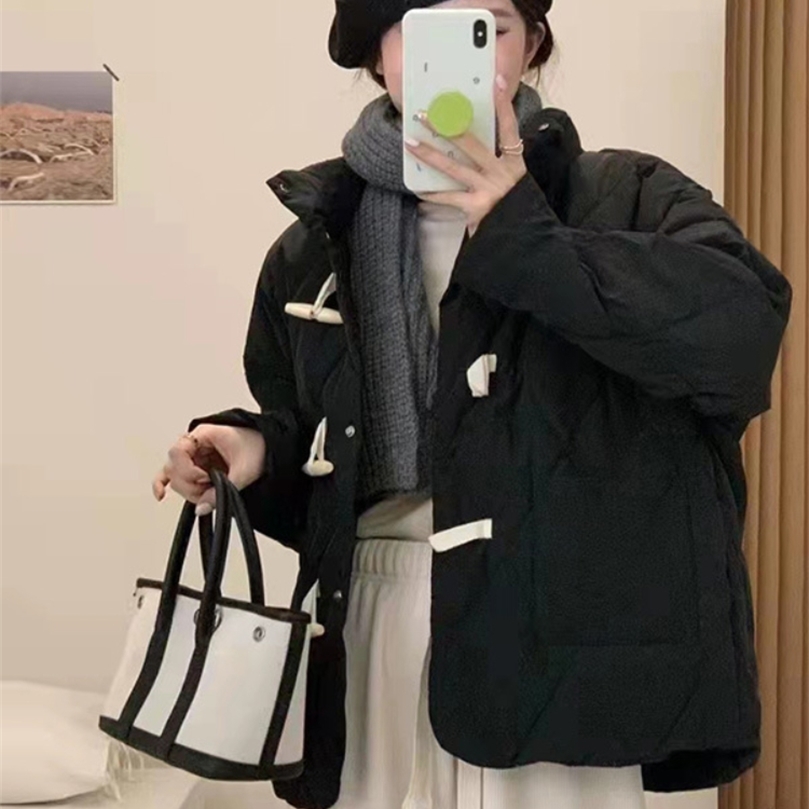 

Winter Jacket Women Stand Collar Coat White Duck Down Solid Color Horn Button Warm Outerwear Fashion Streetwear 220822, Cream yellow