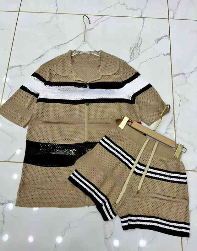 

B home Summer running stripe cotton short sleeved sweater Brown temperament commuter viscose pants suit knitted women's clothing, Picture color