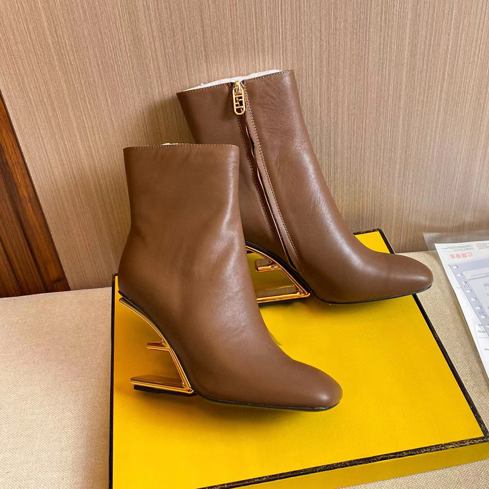 Short Boots High Heels Ankle Boots Designer Shoes Sculpted High-Heeled Metallic Side Zipper Square Toe Brown Calfskin Leather Outsole