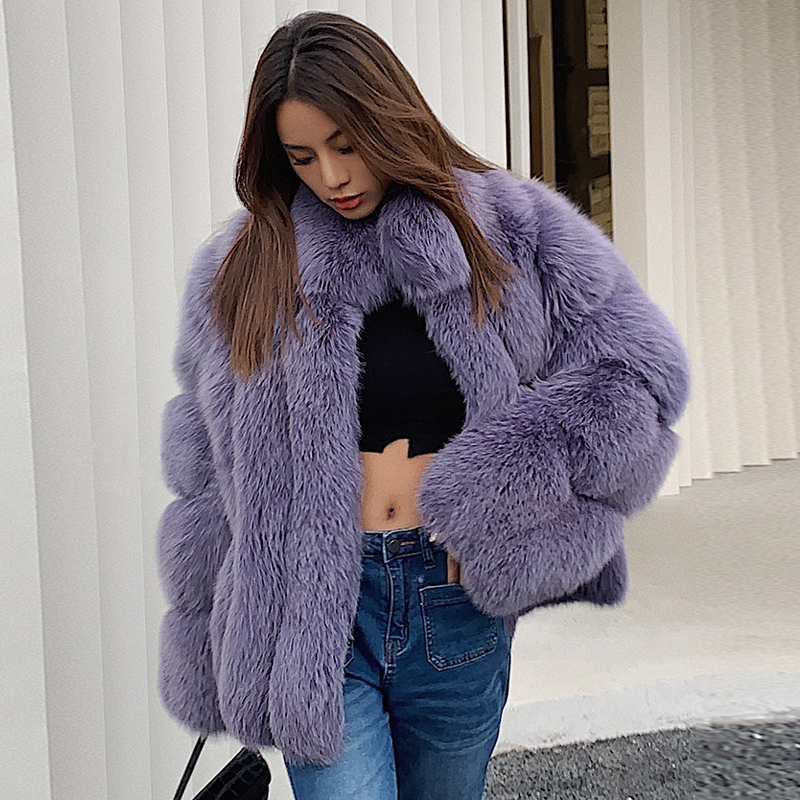 Manteaux naturels violets en fausse fourrure pour femmes, col montant, veste d'hiver de haute qualité en peau complète, pardessus de luxe véritab