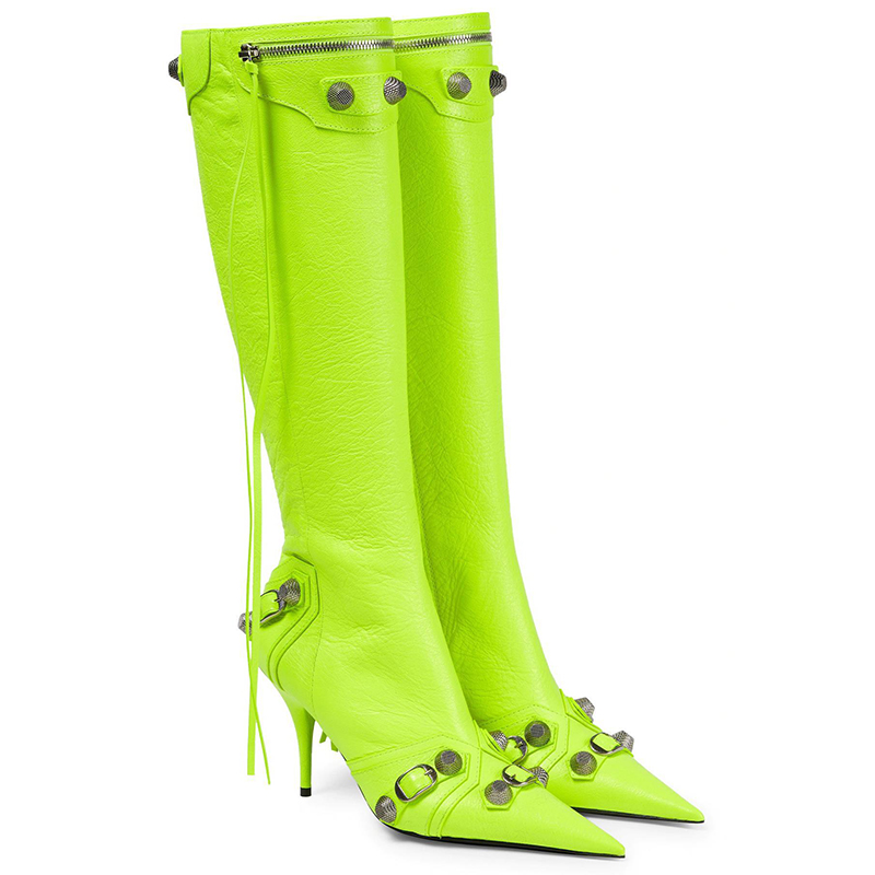 

Winter Knee High Boot Cagole Shoe Designer Woman Sexy Rivets Martin Long Booties For Women EU45, Short green