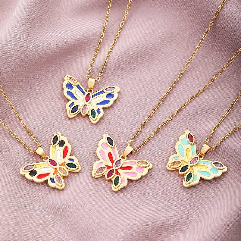 

Pendant Necklaces Design Quality Zircon Enamel Butterfly Necklace 18K Gold Plated Titanium Steel Chain For Women Friends Birthday