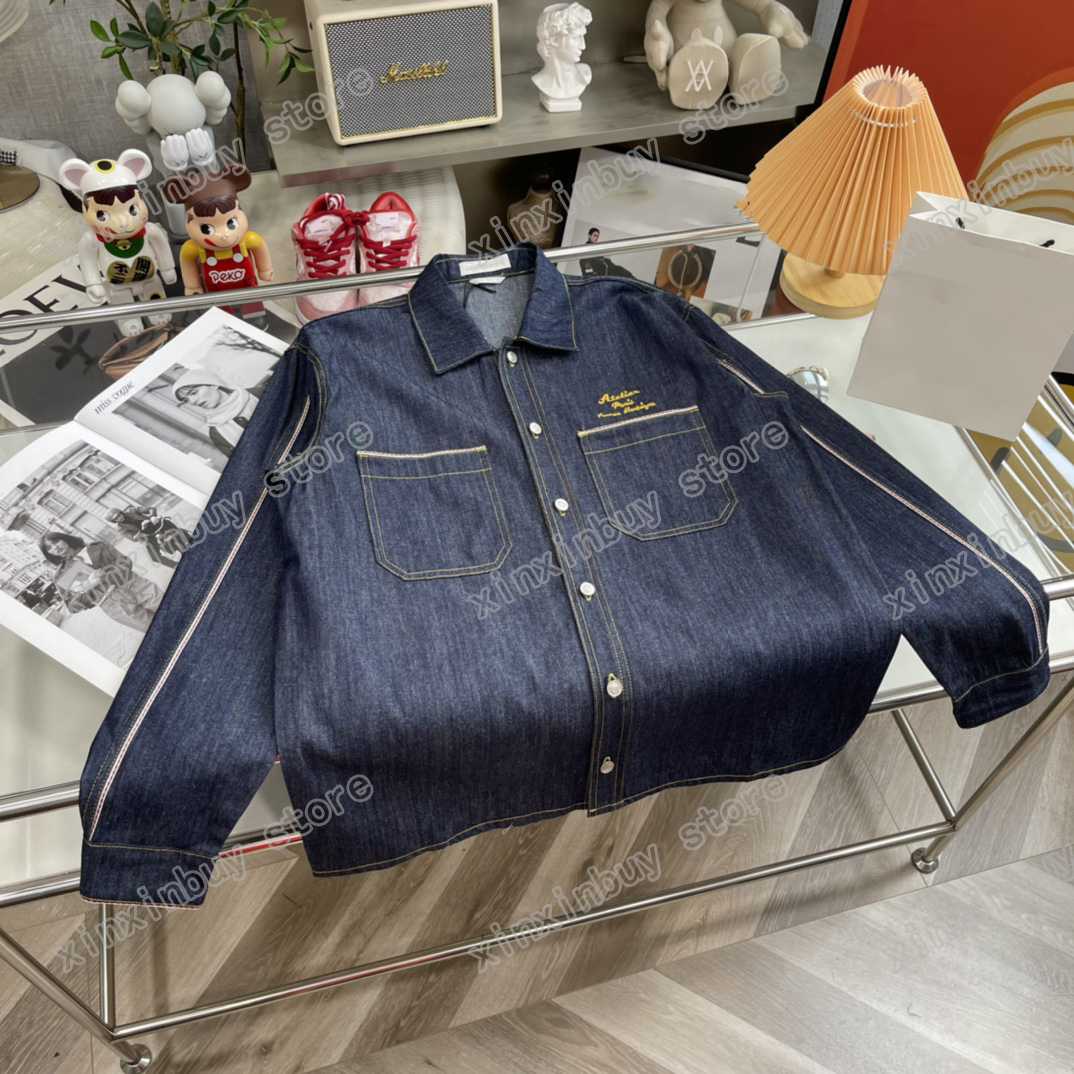 

xinxinbuy Designers Jackets Men Women Denim Letter embroidery cotton fabric Stand Collar Streetwear blue black white XS-L