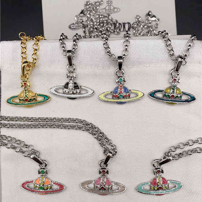 

Pendant Necklaces Light luxury explosion Western empress dowager two-color paint baking small Saturn Necklace Viv enne clavicle chain sweater chain