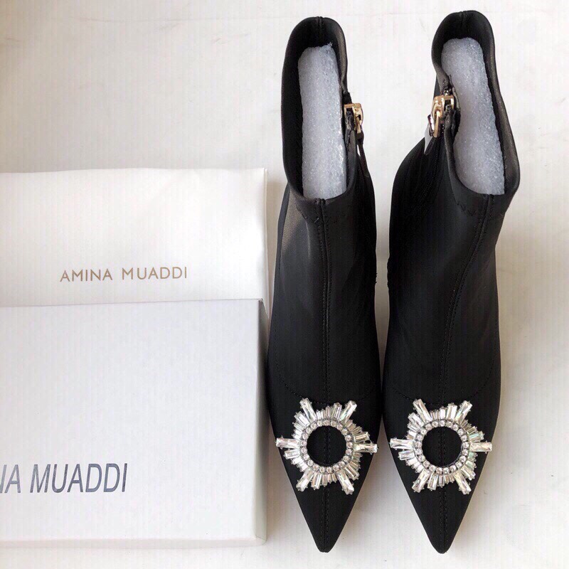

Designer Italy Amina Muaddi Womens Boots 7CM Lycra Zipper Crystal Embellished Ankle Booties Crystal buckle Satin Glitter Pumps Luxury Ladies Wedding Party shoes, Shoes box