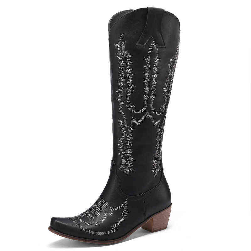 

Sewing Western Cowboy Boots For Women High Heels Cowgirl Ladies Spring Autumn Long Shoes Knee Super size J220805, Black