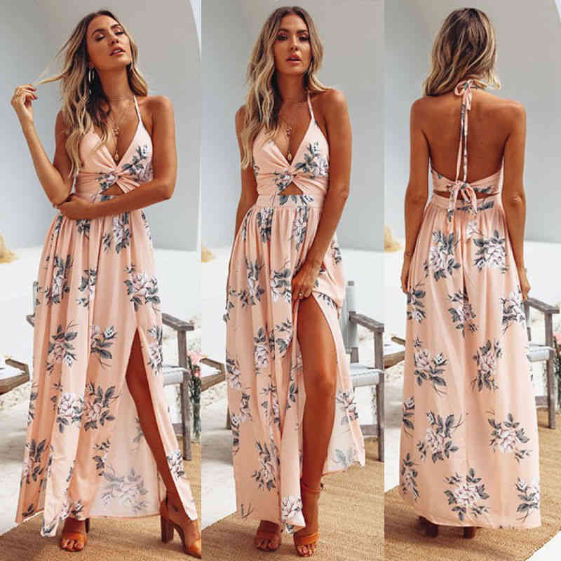 

Womens Summer Boho Maxi Long Dress Evening Party Beach Chain Dresses Sundress Floral Halter Dress Summer, Pink