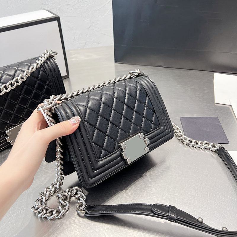 

Womens Classic Caviar Leather Calfskin Boy Quilted Bags Gold/Silver Metal Hardware Adjustable Shoulder Strap Handbags 20CM/25CM, Box